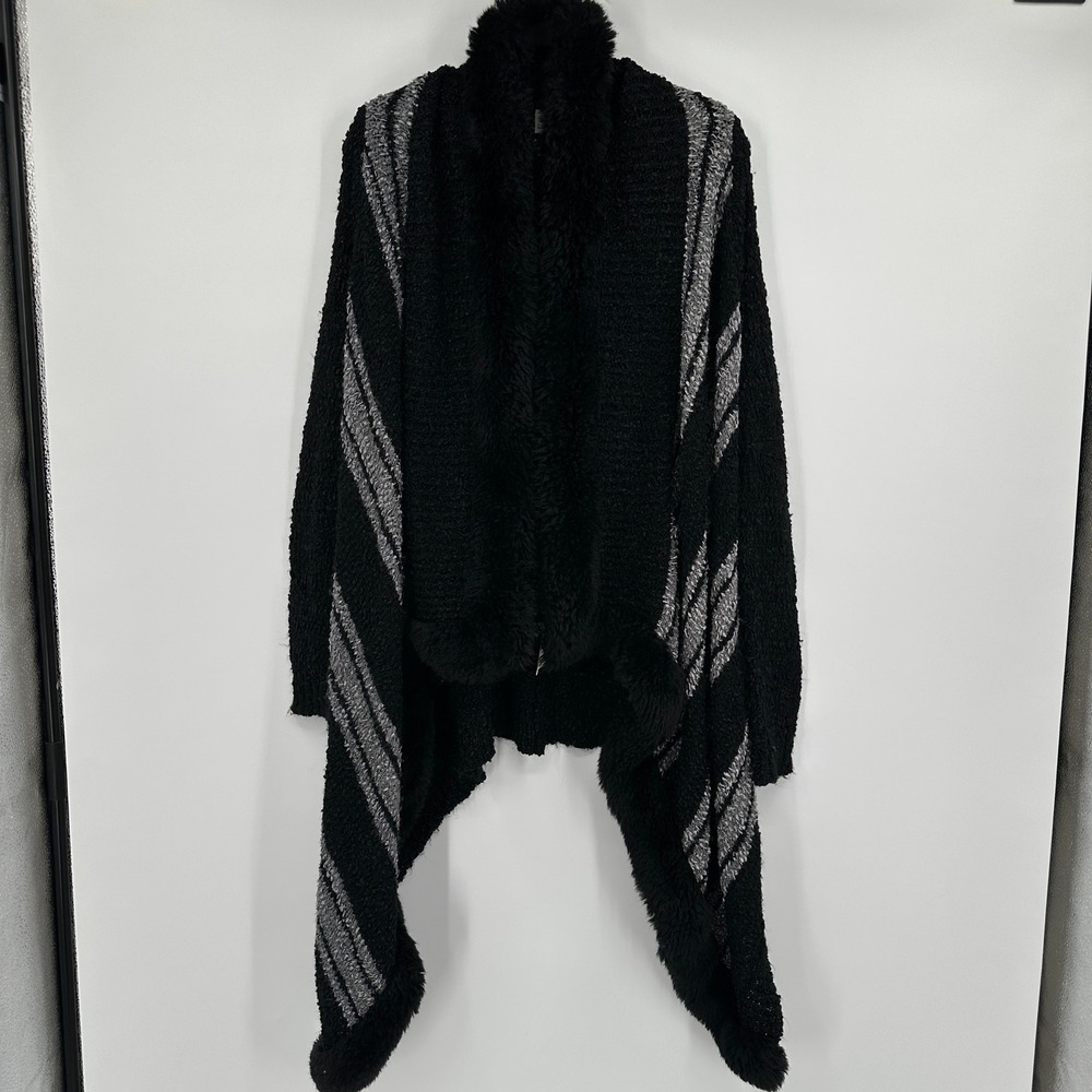 Venus‎ Open Front Cardigan Sweater S Black Gray Stripe Fuzzy Trim Knit